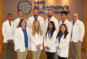 On August 29, HSHS St. Anthony’s Memorial Hospital welcomed ten student doctors from Liberty University College of Osteopathic Medicine (LUCOM) who are launching their third-year clinical rotations at St. Anthony’s.  Front row, from left to right: Kelley Dilliard, Laura Helgren, Pranamya Mahankali, and Marie Hewett. Back row, left to right, Sahil Vagha, Seth Streeter, Kevin Hinson, Thomas Rutherford, Eric Tam, and Rusty Davis.